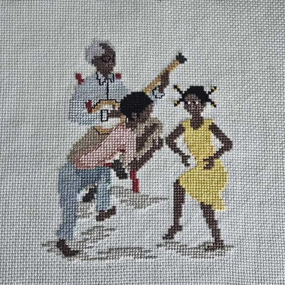 Vintage African American Completed Grandpa and Kids Cross Stitch - Picture 1 of 2